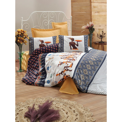 Stephanie Dark Blue White Yellow Brown Reinforced Cotton 142 TC Duvet Cover Set