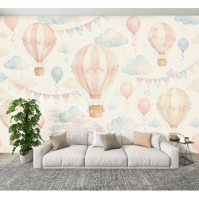 Peel and Stick Wallpaper Hot Air Balloons Clouds Bunting Soft Pastel Watercolor Style Wall Murals 100"H x 144"W Removable PVC Wall Paper Self-Adhesive Wall Decor for Bedroom Living Room Home Office