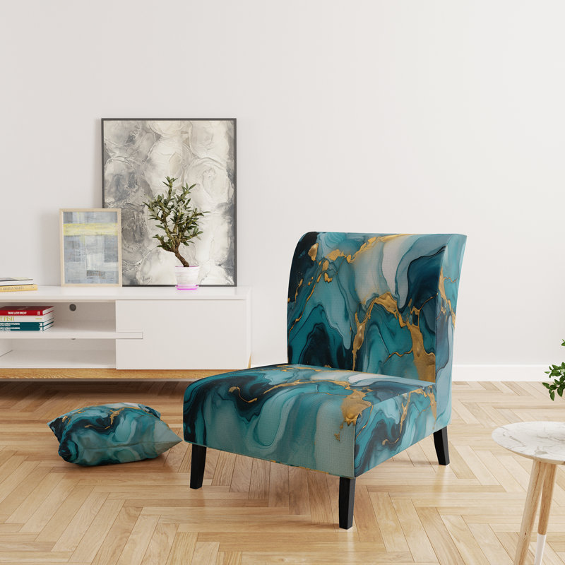 Berendien Marble Upholstered Slipper Chair Velvet, Turquoise/Gold Polyester Blend