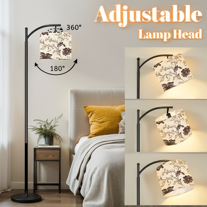 Lampe sur pied Arc avec abat-jour réglable Vintage Floral Elegant Brown Tones Beige Lampadaire