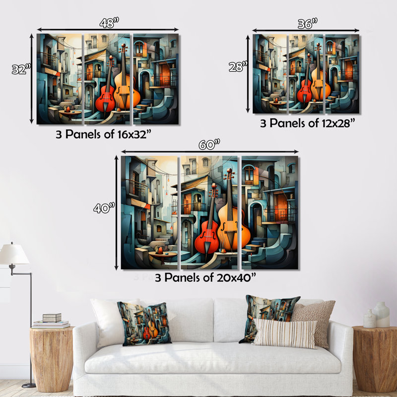 «Cubism Music Forms V» sur toile, reproduction de 3 pièces, H 32 po x l 48 po x P 1 po