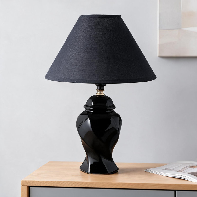 Mini lampe de table en céramique noire 13 po avec abat-jour empire Urn, Black