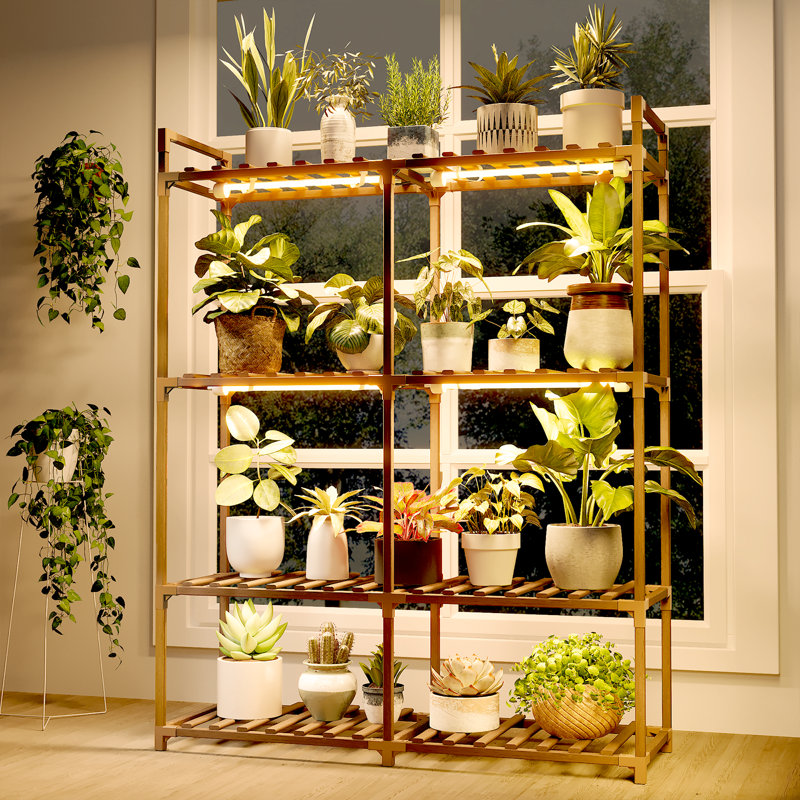  4-Tier Wood Plant Stand with Grow Lights for Indoor/Outdoor Use