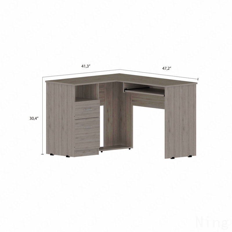 Bureau mixte en forme de L, gris clair avec plateau pour clavier, deux tiroirs et une tablette ouverte