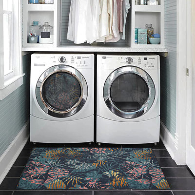 Kivett Navy Floral Indoor Outdoor Machine Washable Area Rug