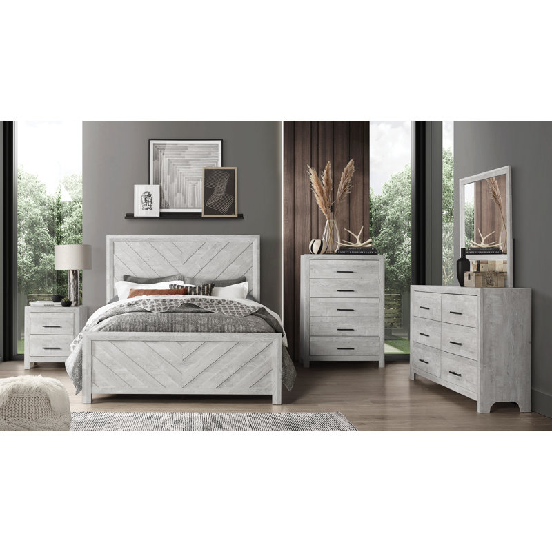 Zarrah 5 Piece Bedroom Set, Twin, Rustic Oak, 5 Pcs: Bed, Nightstand, 2 Dressers, Mirror