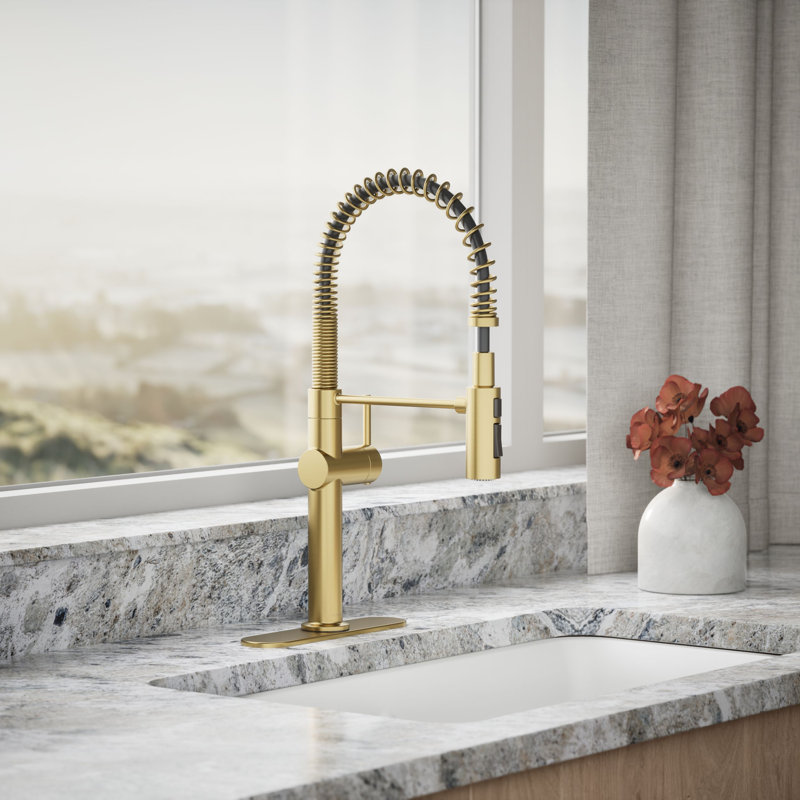 Kohler Crue Single Handle Semi-Professional Pre-Rinse Kitchen Faucet with Three-Function Pull Down Sprayer, Brass