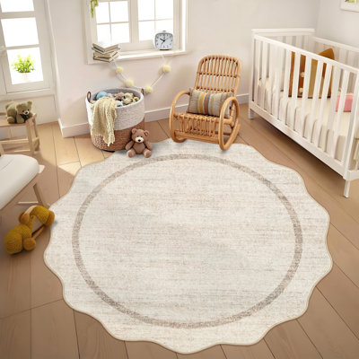 Scalloped Machine Washable Rug Non-Slip Bordered Floor Mats Non-Shedding Soft Low Pile Modern Accent Rugs for Living Room Bedroom Office