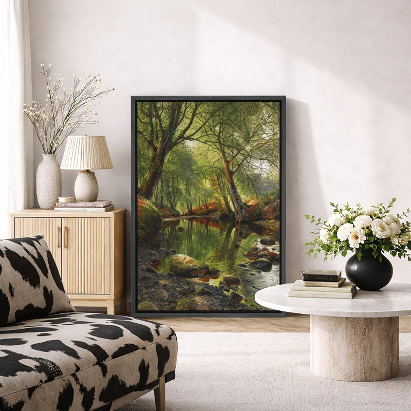 Emerald Woodland Stream avec roches, H 36 po x l 24 po x P 1,5 po, Cadre flottant noir