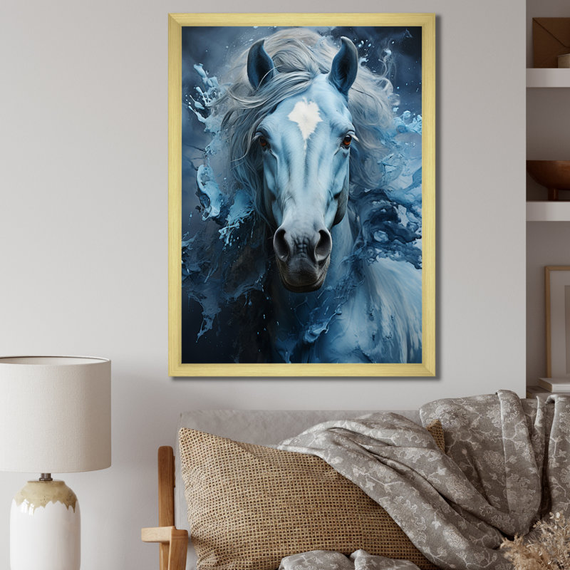 «Blue Horse Vibrant Blue Equine III», reproduction sur toile, H 20 po x l 12 po x P 1 po, Encadrement doré