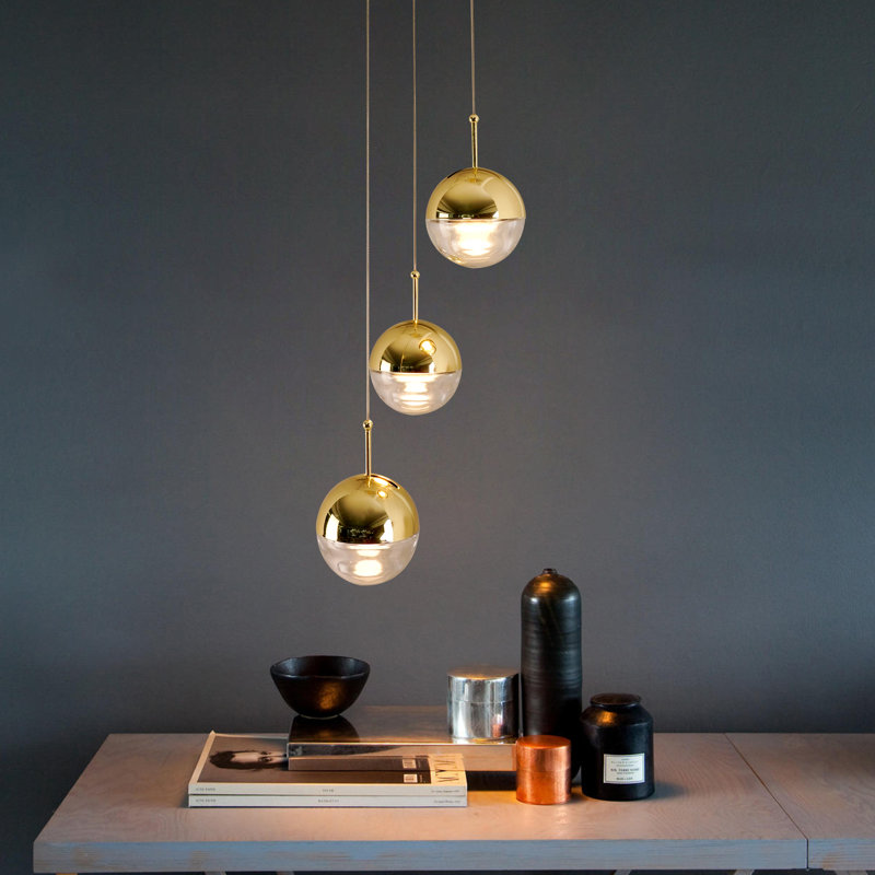 Luminaire suspendu en forme de sphère en cristal 3 lumières à intensité variable en titane doré pour îlot de cuisine