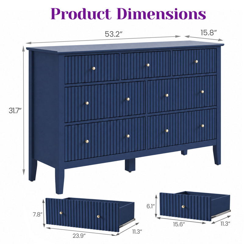 Commode 7 tiroirs Philomena, l 53,1 po, Blue