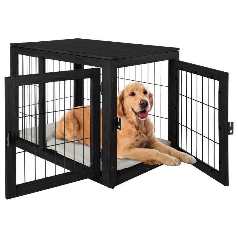 PETMAKER Furniture-Style Dog Crate - Acacia Wood Kennel with Double Doors and Cushion - Dog Cage Furniture, Black