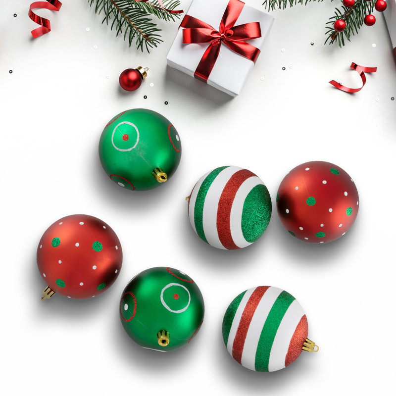 Boules de Noël rayées et à pois incassables - 3 po (76 mm) - 48 carats