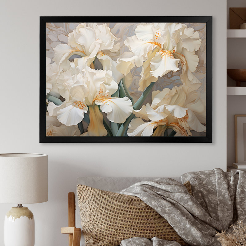 Beige minimalisme iris pétales radieux, Cadre simple noir, H 34 po x l 44 po x P 1,5 po