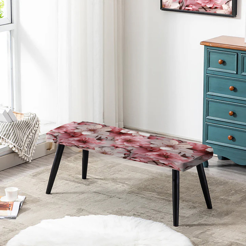 Tropical Upholstered Black Bench,  Pink And White Carnation Blossoming Grace I 