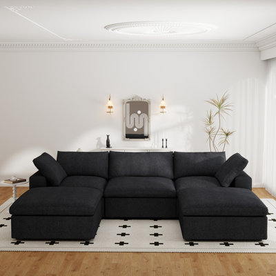 Kenda 5-Piece Upholstered Modern Linen Slipcovered Sectional With Storage Ottoman