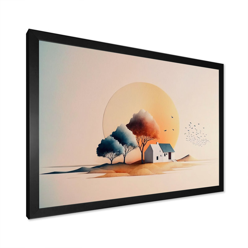 Aquarelle, coucher de soleil à la campagne - reproduction, Cadre photo noir, H 12 po x l 20 po x P 1 po