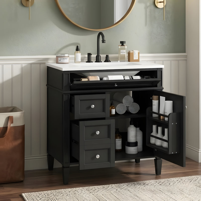 Meuble-lavabo de 30 po avec lavabo en céramique, Black, Silver