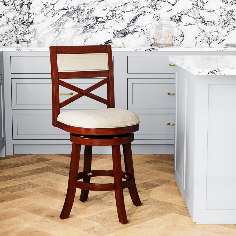 Tabouret pivotant de 24 po à hauteur de comptoir, finition cerise, tissu beige, assise confortable et tendance cerise