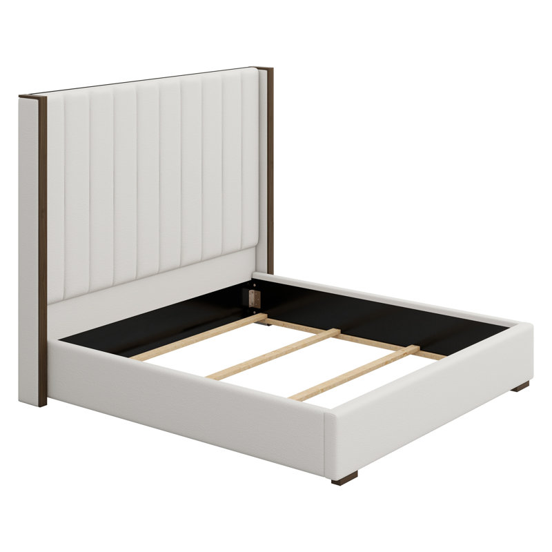 Tall Headboard Upholstered Bed With Vertical Striped And Wingback Design