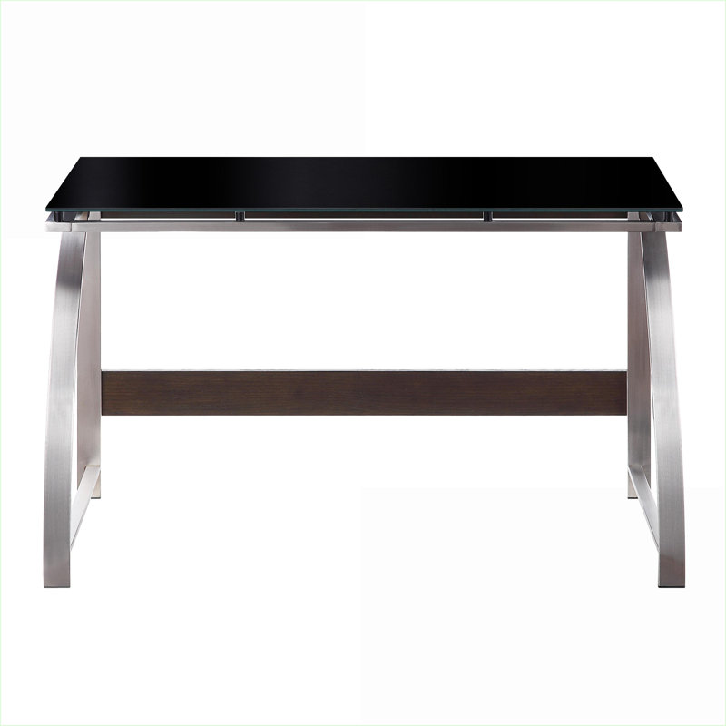 Bureau moderne avec plateau en verre avec cadre en acier inoxydable de 48 po | Espresso | Verre, acier inoxydable, bois