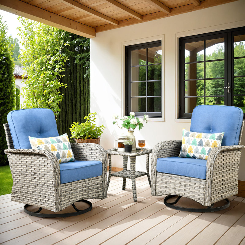 Ensemble de trois chaises pivotantes d'extérieur, Bleu