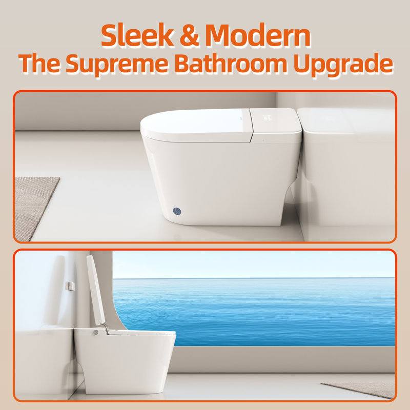 Toilette intelligente avec bidet intégré, toilette de bidet allongée une pièce de luxe avec fermeture et chasse automatiques, capteur de pied pour ouvrir / fermer / rincer, siège chauffant, lavage par massage, veilleuse, télécommande