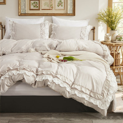 Beige Ruffled Comforter Set Queen Boho Bedding Set Cream White Fringe Ruffle Romantic Bedroom Decor Farmhouse Bedding Comforter