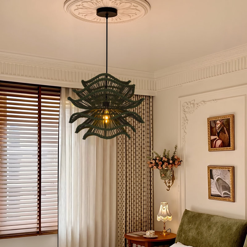 1-Light Pendant Lights Green Flower Rattan, 17.52" H x 19.69" W x 19.69" D