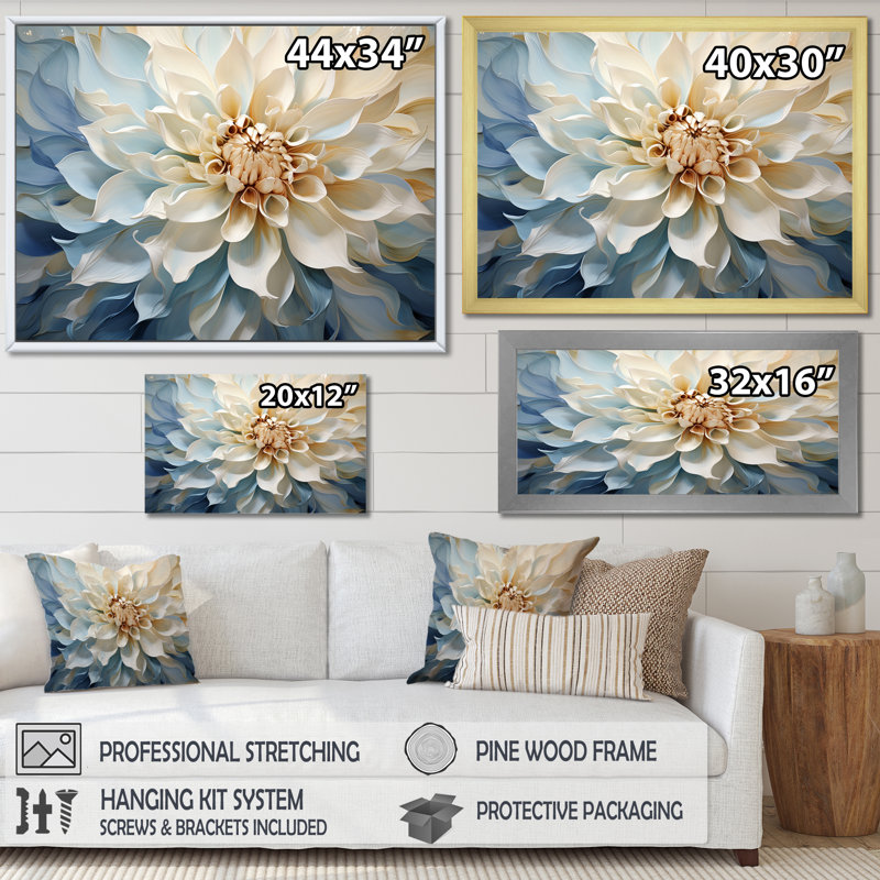 Blanc et bleu fleur de dahlia minimalisme - art mural dahlia, H 34 po x l 44 po x P 1,5 po, Cadre flottant doré
