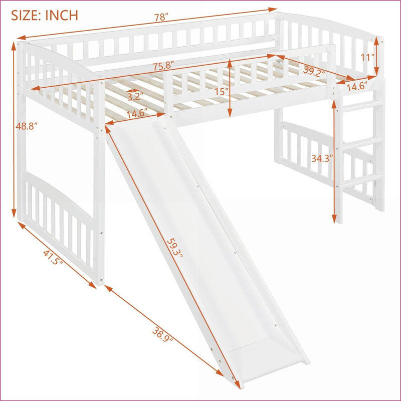Lit mezzanine simple en bois de pin avec glissade et amp; Échelle - blanc, aucun sommier nécessaire