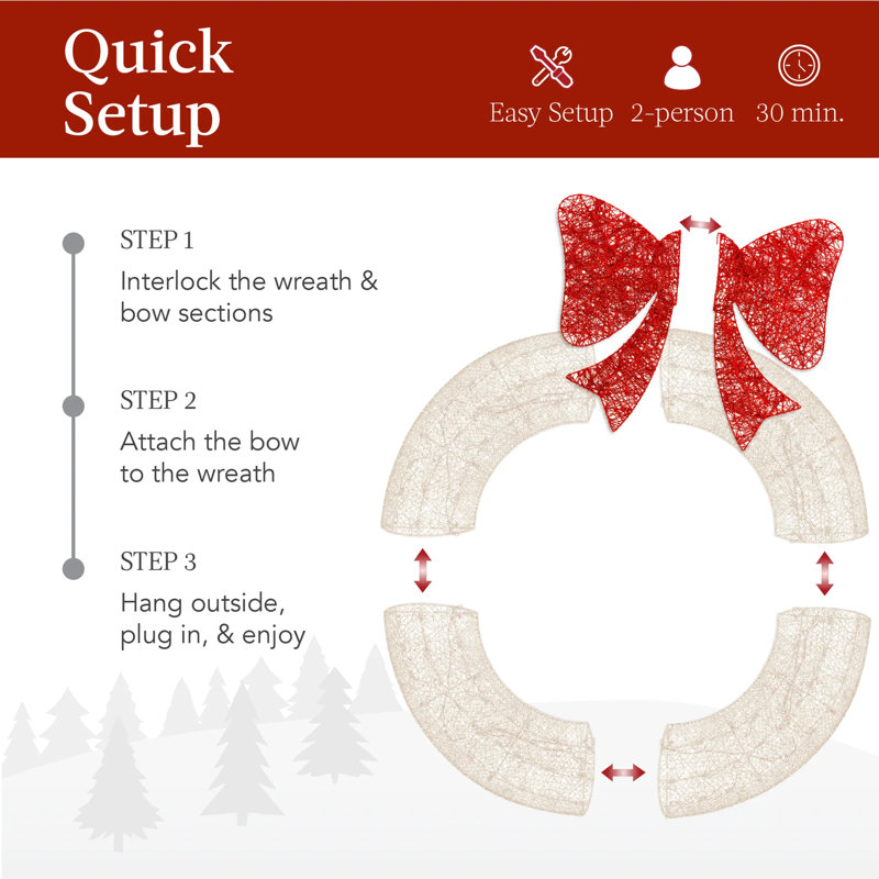 Couronne de Noël pré-éclairée, Blanc/rouge