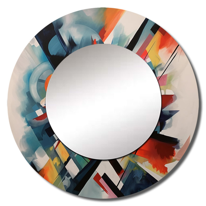Pegeese Blue Abstracted Fractals And Dimensions III - Geometric Mirror, Modern Round Decorative Wall Mirror, Printed Metal Art