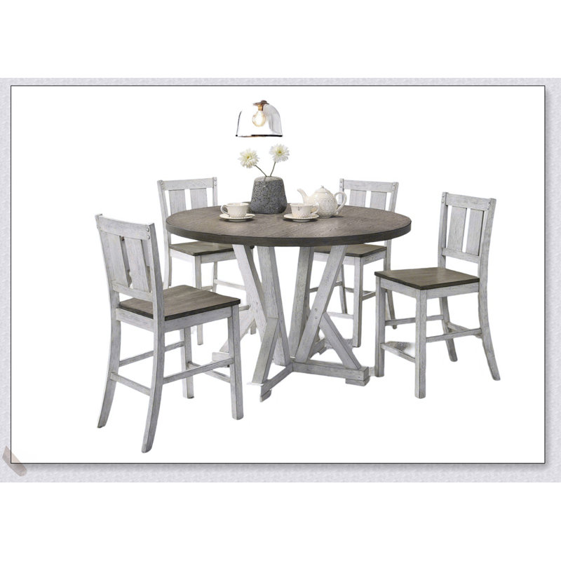 Ensemble de salle à manger à hauteur de comptoir 5 pièces avec table blanc antique, style rustique, design bicolore et 4 chaises confortables pour un repas élégant