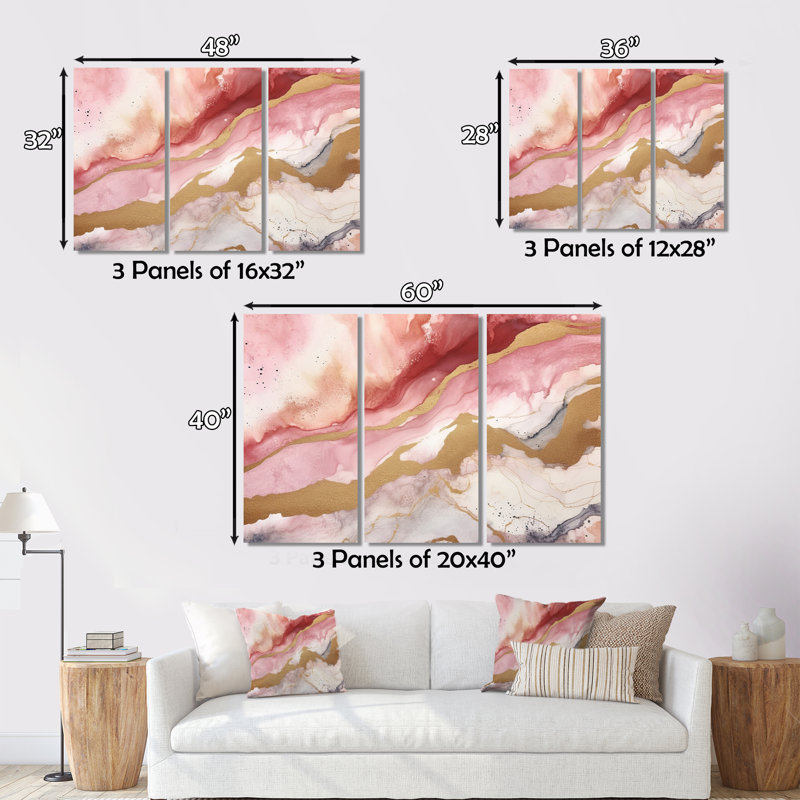 «Pink and Gold Enchanted Spills I», reproduction sur toile 3 pièces, H 28 po x l 36 po x P 1 po