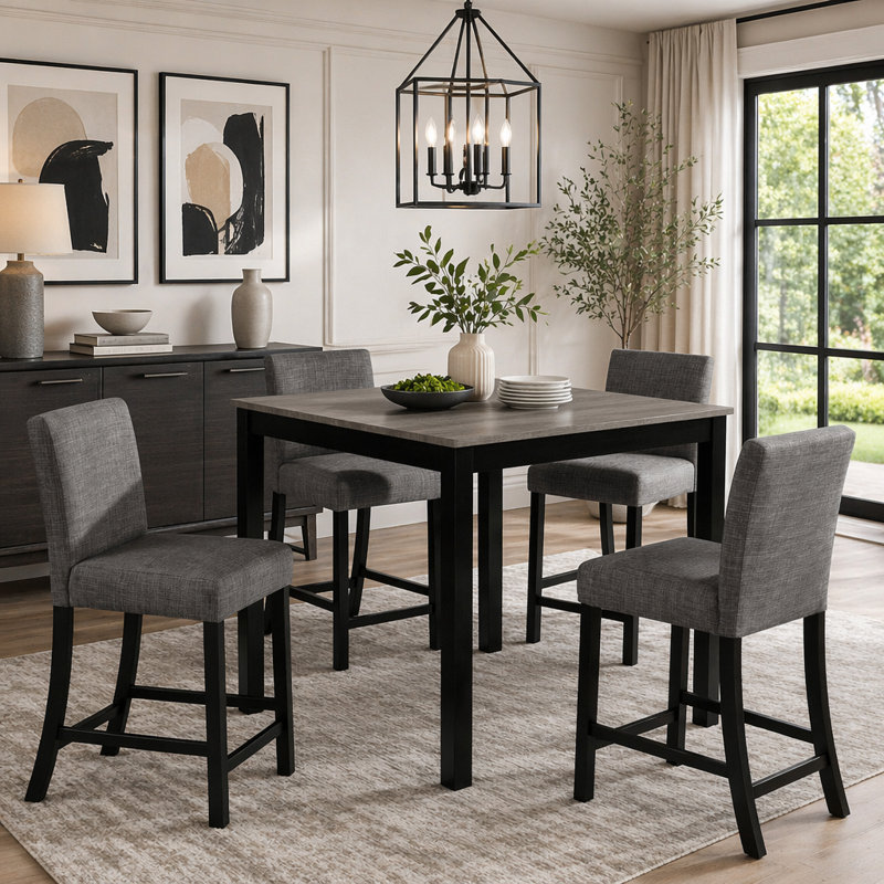 Ensemble de table 5 pièces à hauteur de comptoir avec 4 chaises, ensemble de table à hauteur de comptoir pour 4 avec chaises, ensemble de table à hauteur de comptoir en bois pour la cuisine, la salle à manger, gris clair et noir deux tons