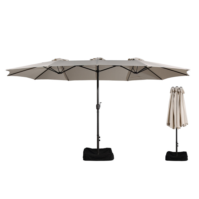 Beige 15 Ft Steel Market Umbrella with Crank Lift and Stand