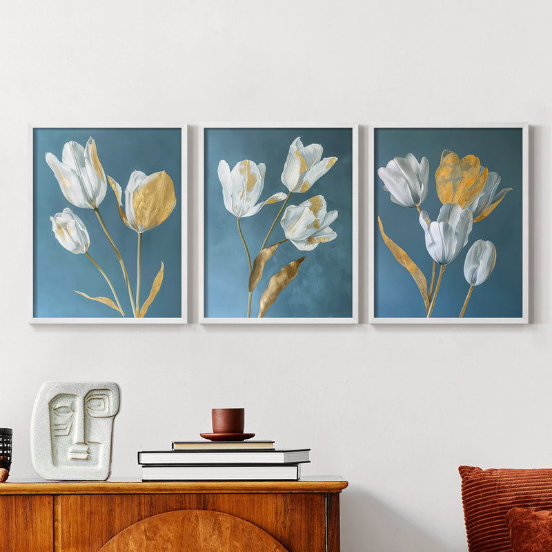 Étude florale XLVI -Set de 3 estampes numériques giclées -Prêt à accrocher, Blanc, H 20 po x l 48 po