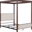 Queen Canopy Bed Made Of Rust Brown Metal, Beige Upholstered Headboard And , Vertical Grooves On Posts, Open - Frame For Airy Feel, Bedroom Essential Metal Bed, Headboard, Frame, Canopy, Box Spring