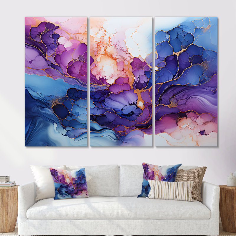 Ensemble de décorations murales roses et bleues à alcool «Dream I» - Formes abstraites, Toile tendue