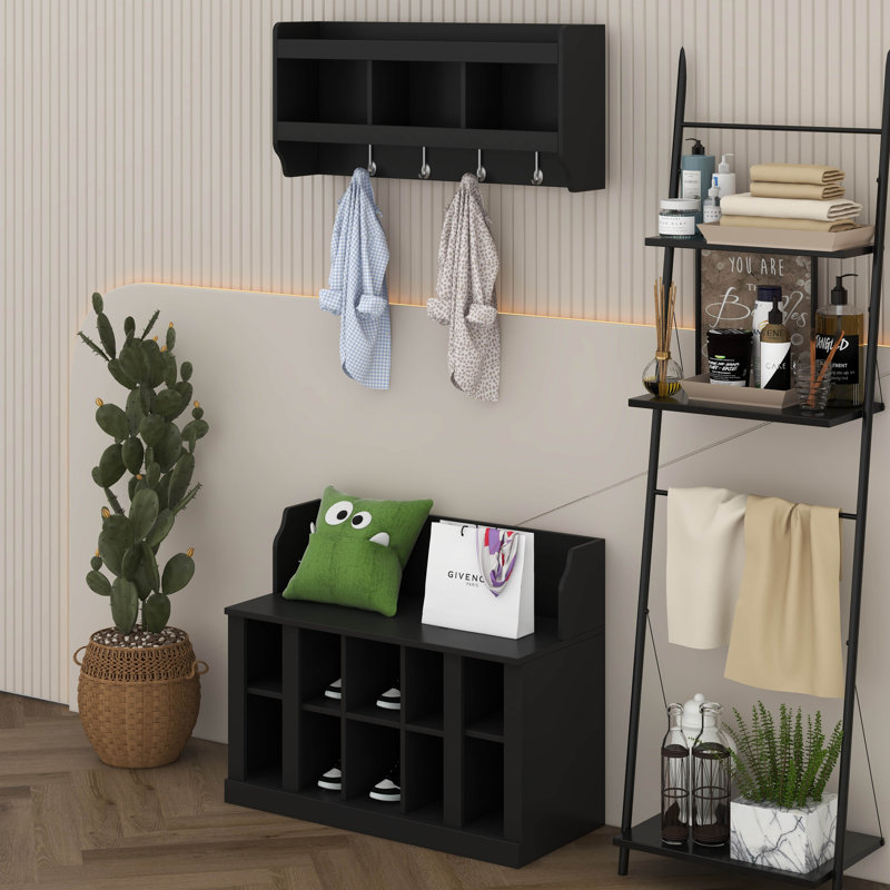 Hall Tree With Bench, Shoe Storage Bench With Wall Mounted Coat Rack, Hall Tree Entryway Organizer With Shelves And 4 Hook