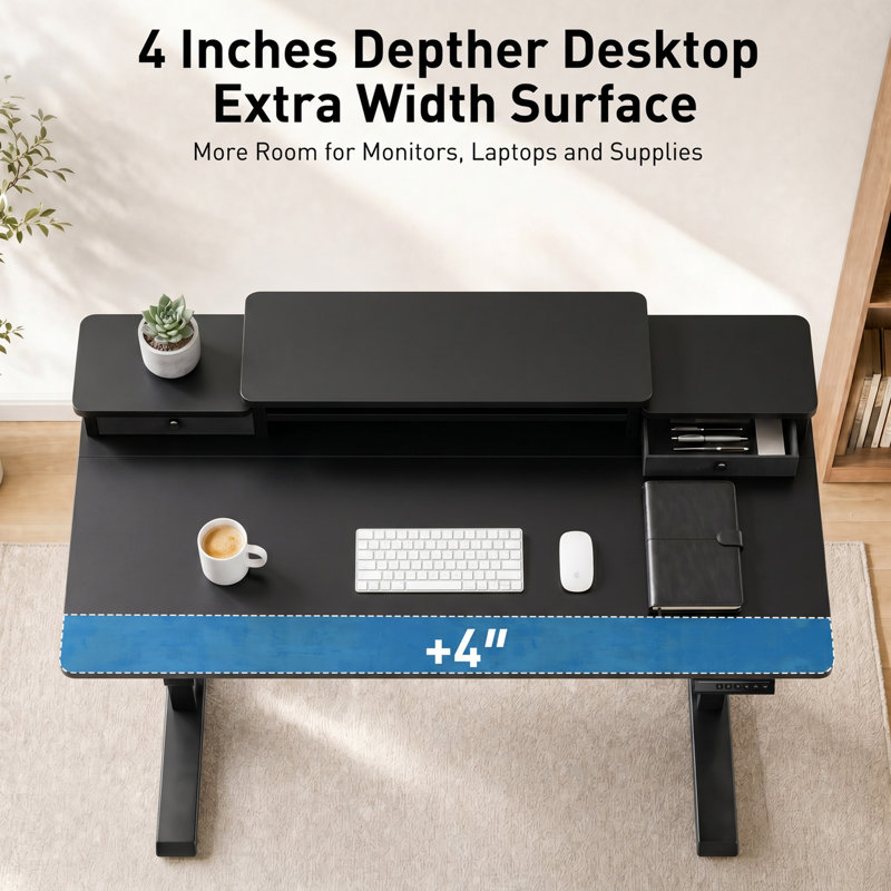 Bureau debout électrique réglable de 48 po avec tablette pour écran à deux niveaux, 4 préréglages de mémoire et 2 tiroirs - noir