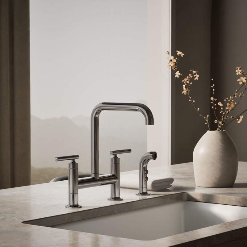 Kohler Purist® Two Handle Deck-Mounted Bridge Kitchen Sink Faucet with Pull Out Side Sprayer, Titanium