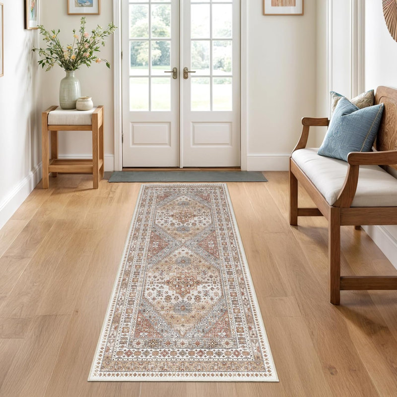 Medallion Non Slip Washable Rug(Orange), Runner 2' x 5'