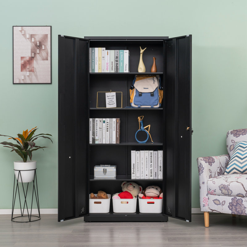 Armoire de rangement haute avec 2 portes et 4 cloisons pour séparer 5 espaces de rangement