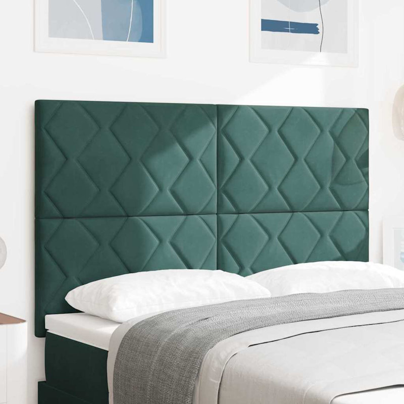  Headboard Wall-Mounted Geometric Velvet, Dark Green, 118cm H x 144cm W x 7cm D