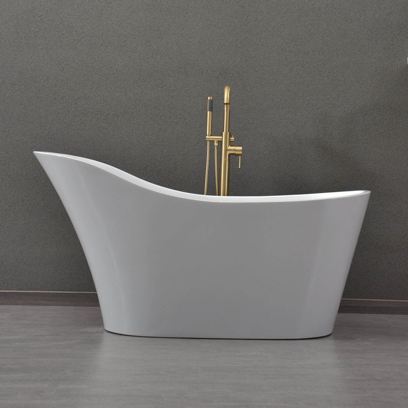 59" x 28" Freestanding Soaking Acrylic Bathtub with Reversible Drain, White/Brushed Gold
