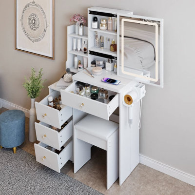 Ensemble de petite coiffeuse 29,2 "avec miroir DEL et centrale électrique | Conception d'armoire latérale, tabouret rembourré, 2 ports CA + 2 ports USB, support pour sèche-cheveux | Miroir coulissant à commande tactile tricolore | Blanc | Certifié EPA, GCC, UL