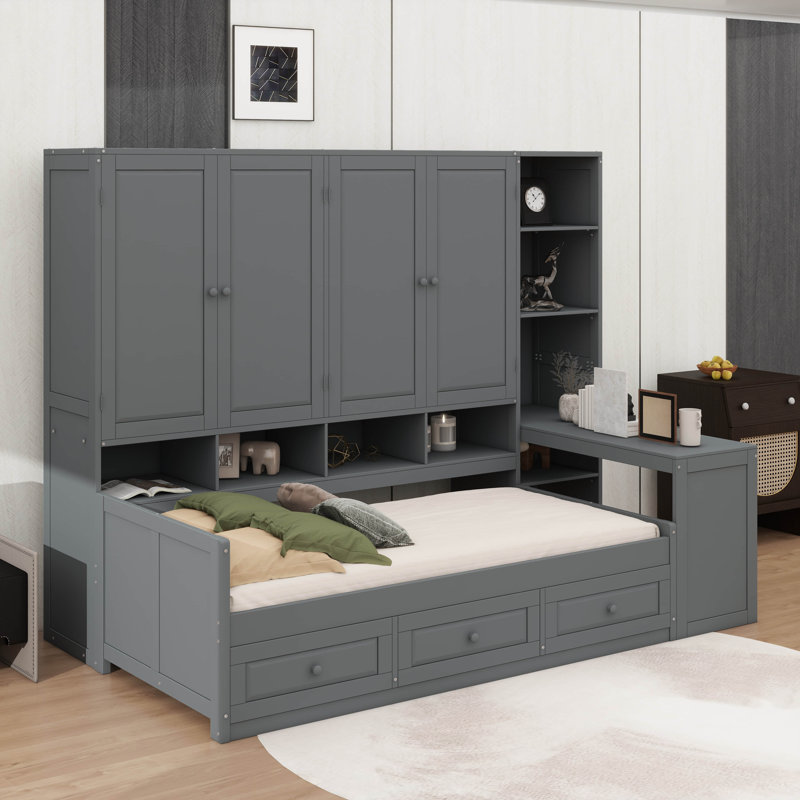 Lit de jour en bois avec trois tiroirs, unité de rangement tout-en-un, bureau et tablettes, gris, Simple